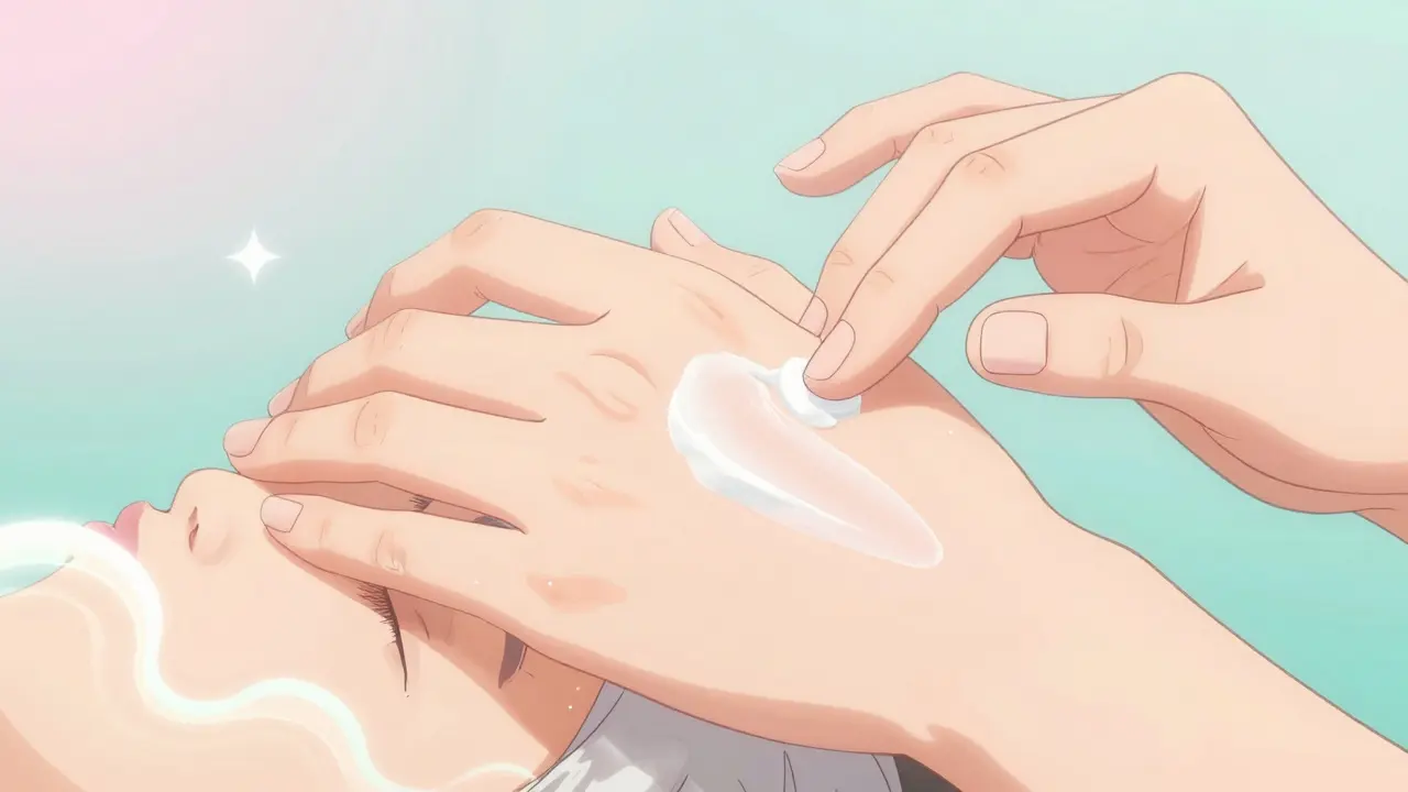 Hands carefully applying skincare cream to skin