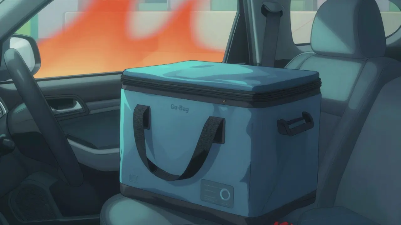 Insulated medication bag safe in car passenger seat, cool tones