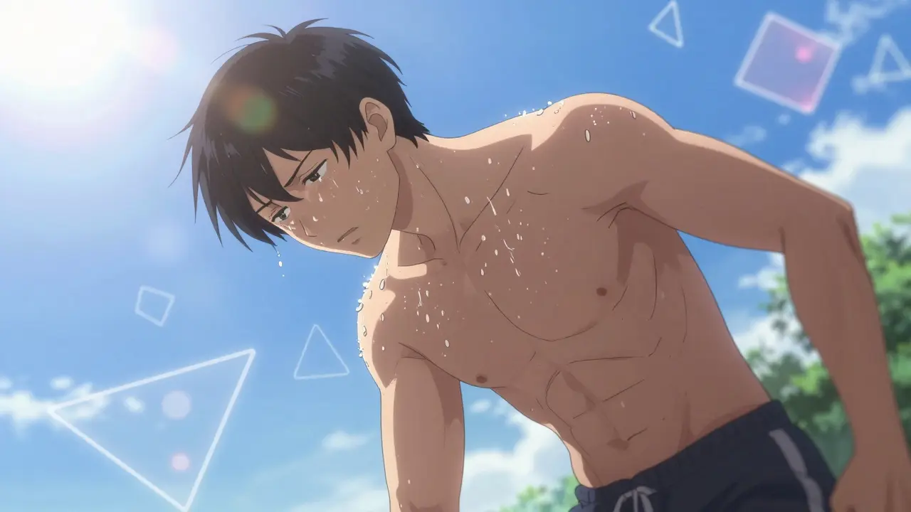 Person sweating while exercising under hot sun with danger symbols