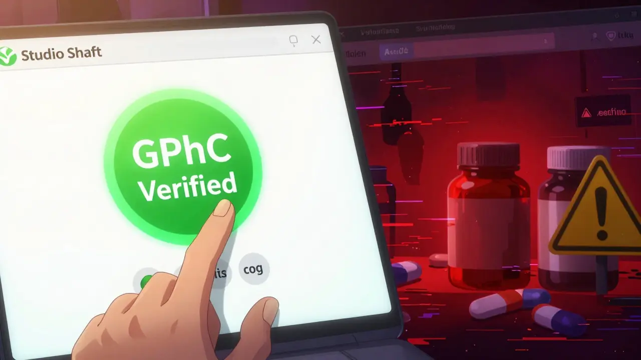 Split screen showing verified safe pharmacy site versus dangerous fake site in anime art.