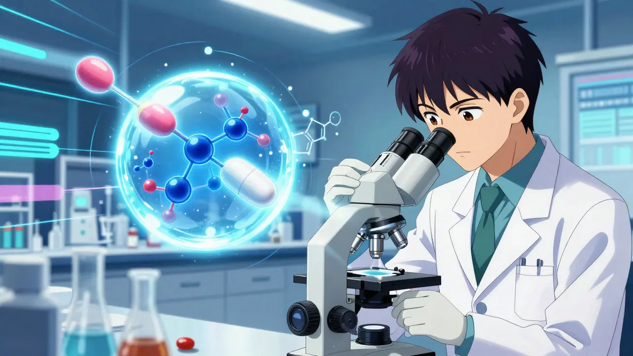 Studio Shaft style scientist comparing identical brand and generic pill molecules