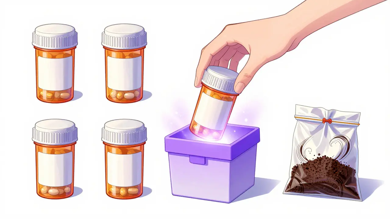 Stylized depiction of organized meds and proper disposal methods