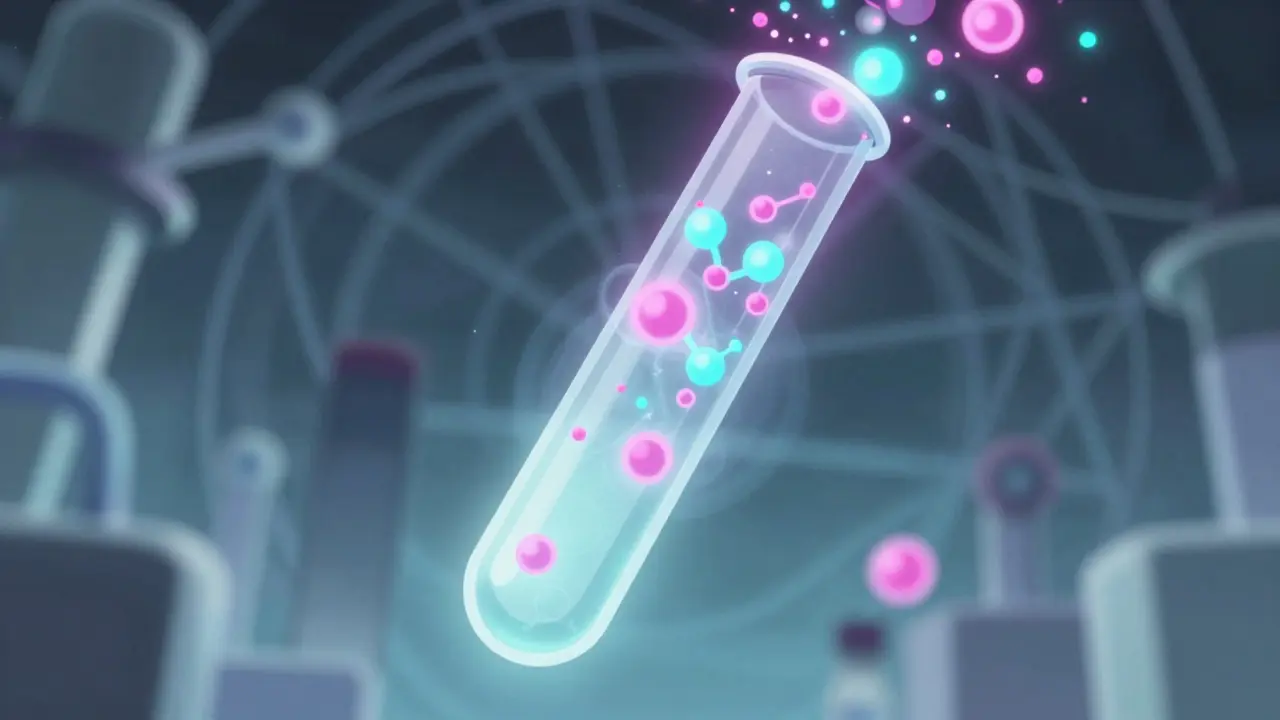 Surreal anime art of glowing molecules and test tubes in a lab setting