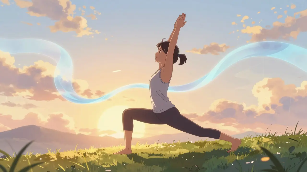 Woman doing yoga at sunrise with calm blue energy ribbons