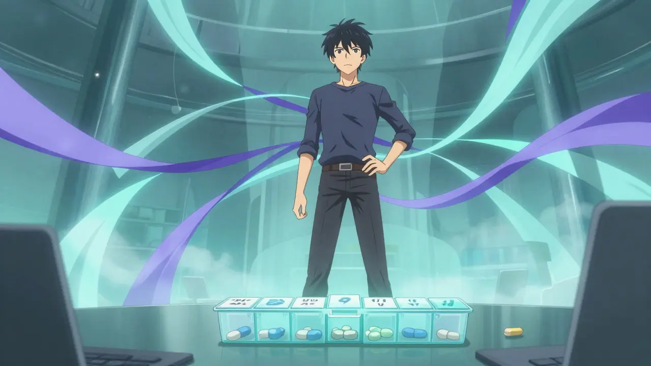 Abstract anime scene showing established habits with flowing ribbons and pill organizer