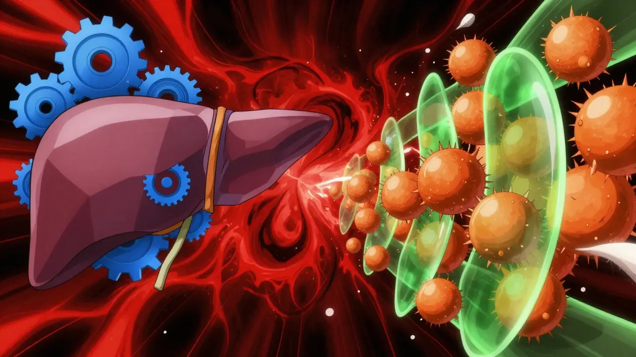 Abstract art showing liver gears and blocked platelets merging into danger
