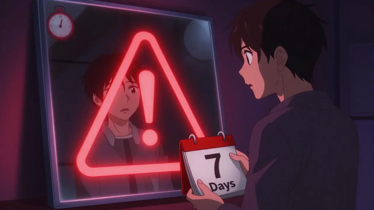 Anime character facing mirror with red warning signs
