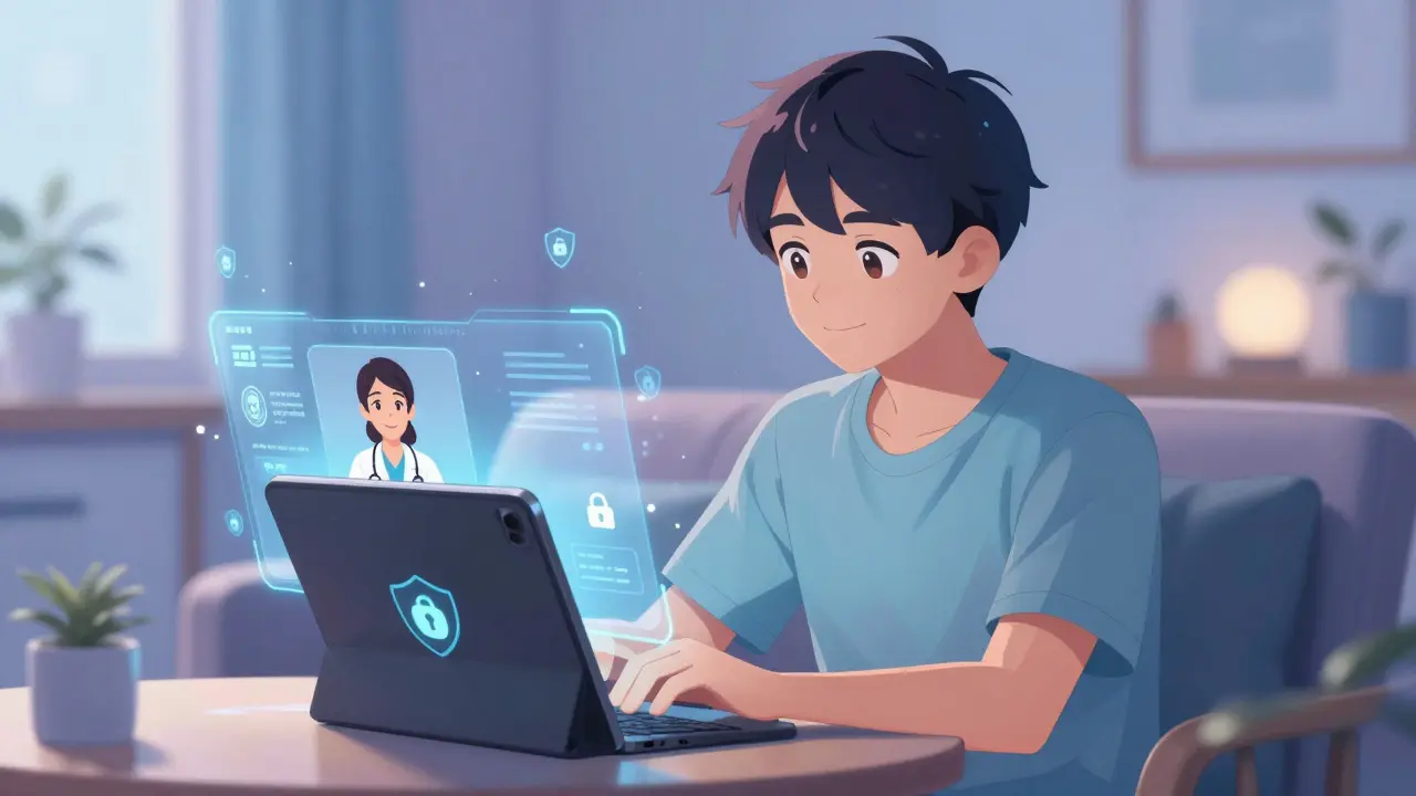 Anime character having a secure video consultation with a doctor on a tablet