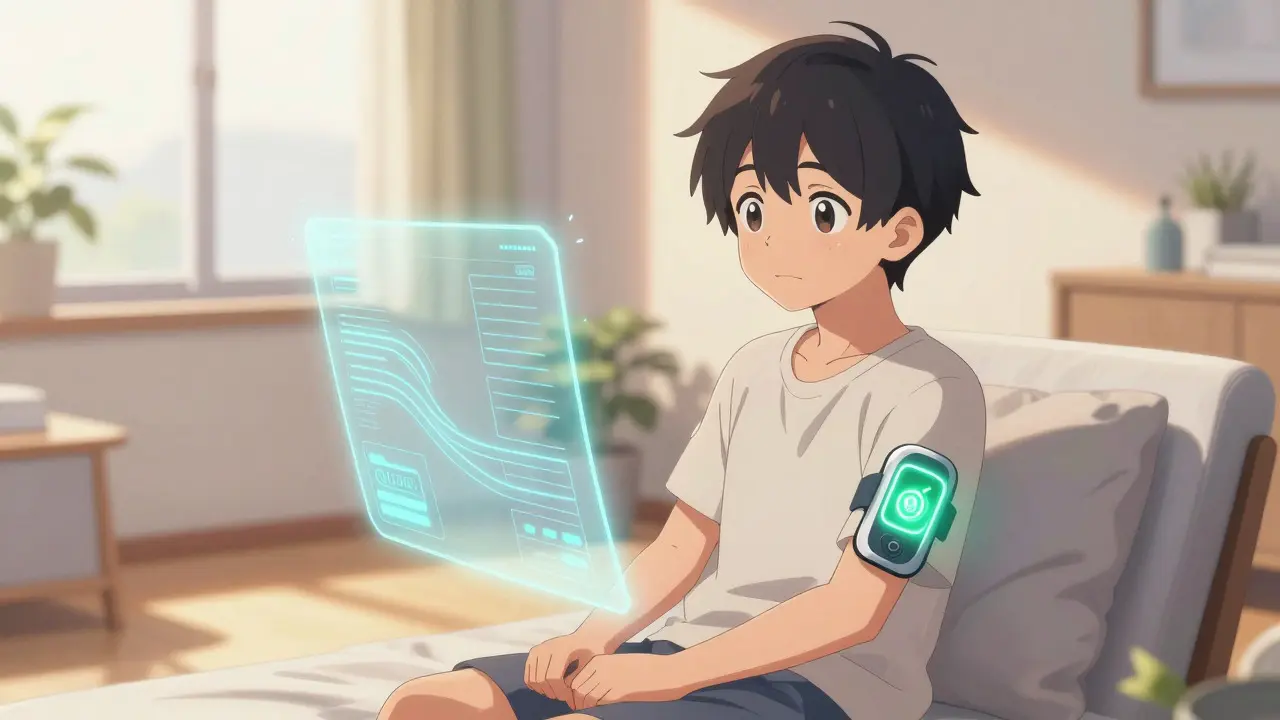 Anime character using a smart patch to monitor health
