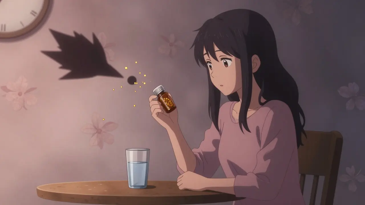 Anime girl taking thyroid medication with floating absorption particles