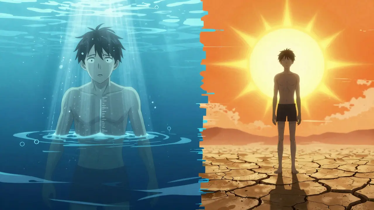 Anime split screen showing flooding vs drought for sodium levels