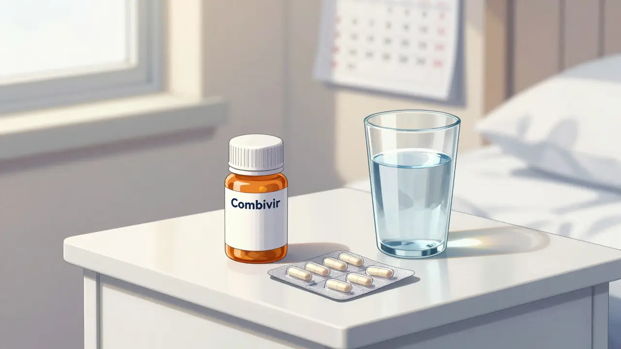 Anime style image of HIV medication stored safely on a bedside table