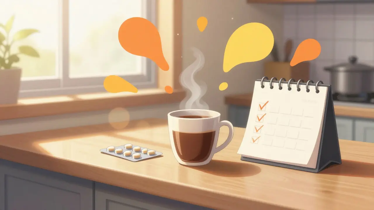 Coffee mug and pills on kitchen counter with calendar, bathed in warm sunlight