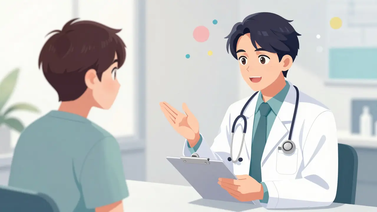 Doctor advising patient on managing medication side effects
