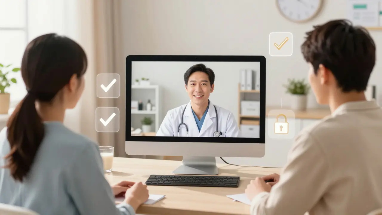 Doctor on video call with patient in a bright, safe telemedicine setting