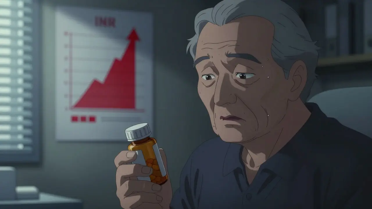 Elderly patient holding garlic pills with worried expression in clinic