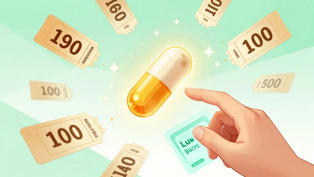 Glowing antibiotic capsule surrounded by floating discount coupons and savings icons