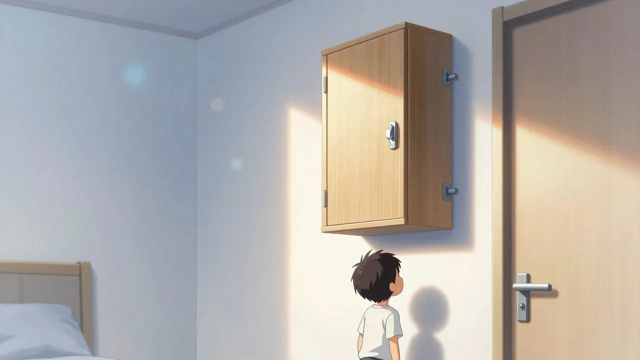 Locked medicine cabinet high on wall, child looking up safely