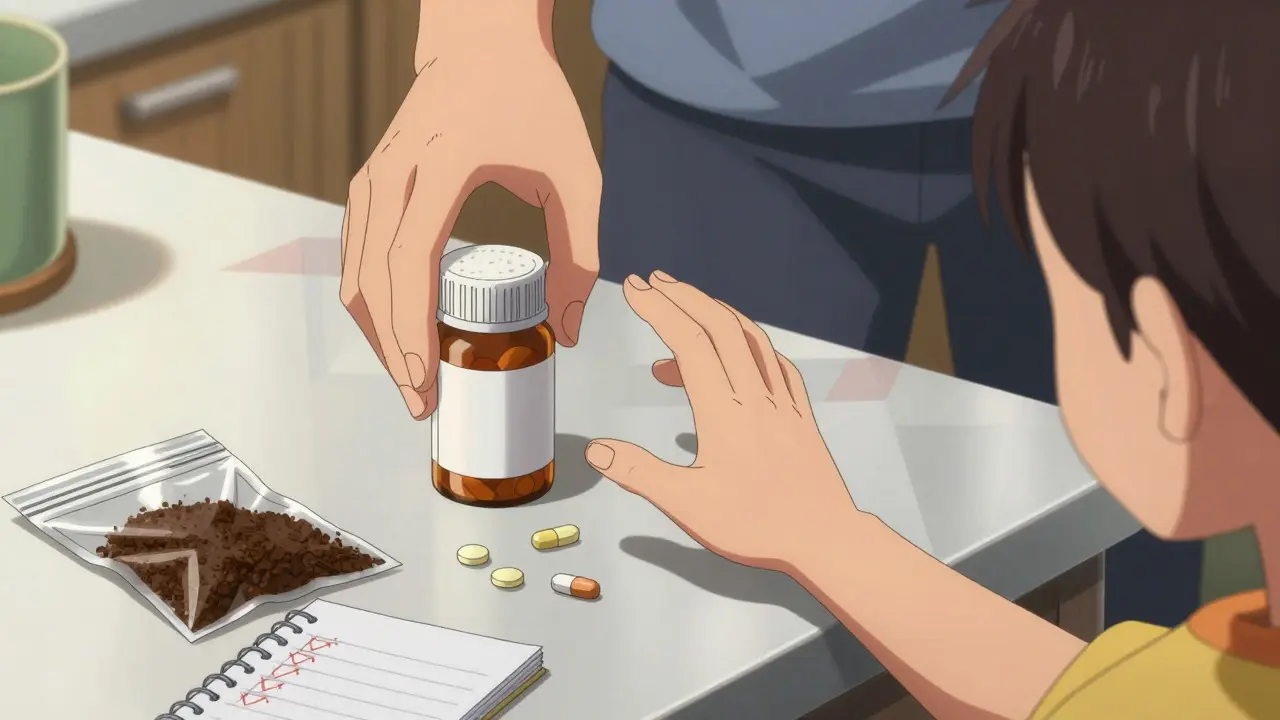Parent stopping child from touching pills, showing safe disposal