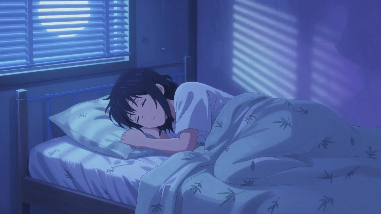 Peaceful anime bedroom scene with cool lighting for sleep relief