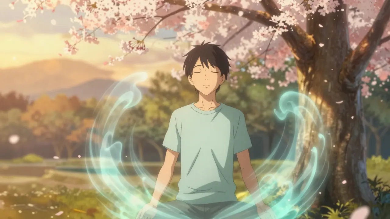 Person finding peace through breathing in a sunny park