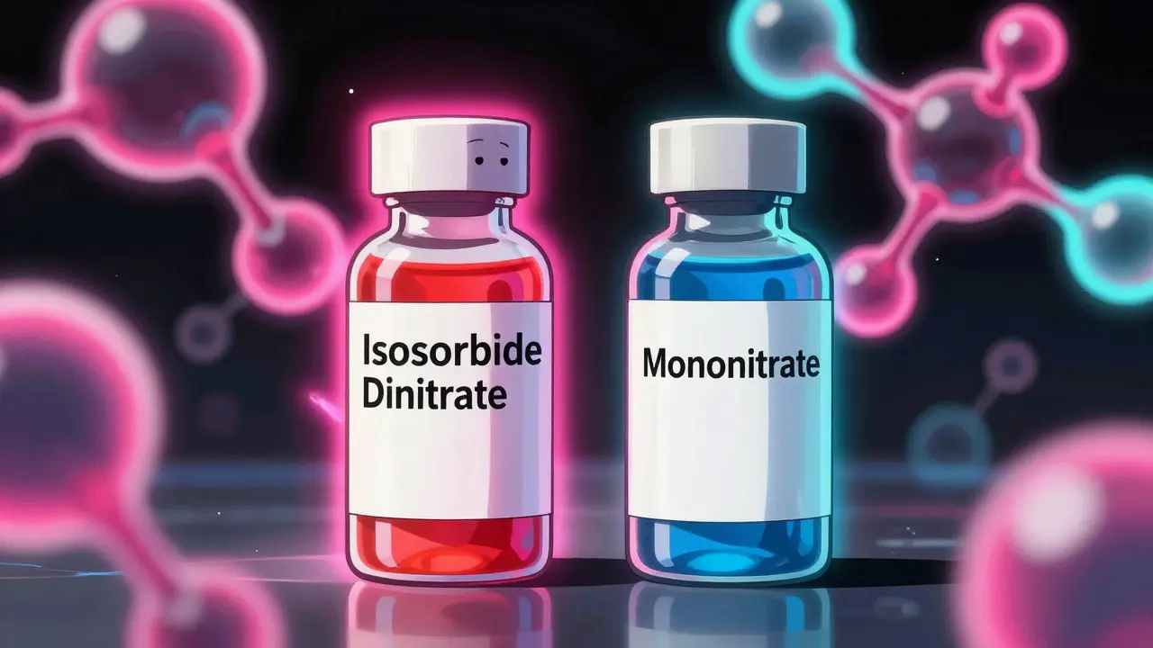 Personified medicine bottles comparing dinitrate and mononitrate