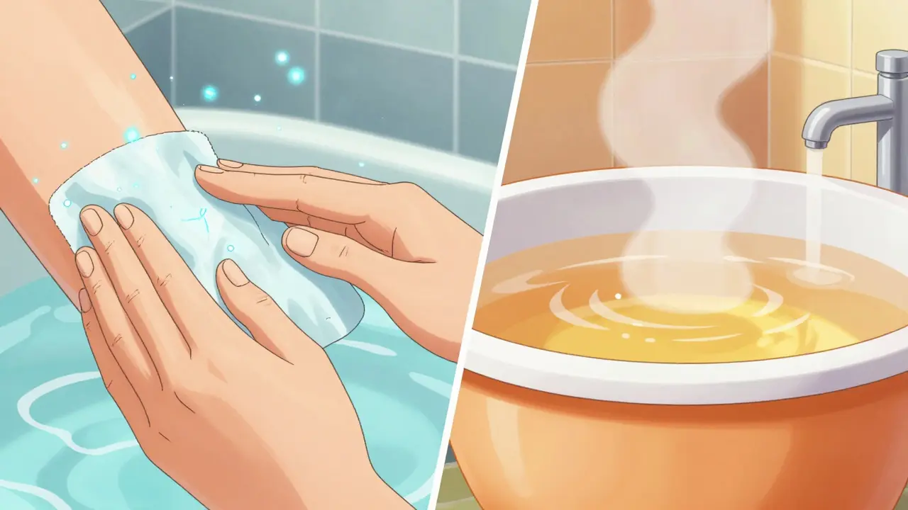 Split screen of cooling pads and warm sitz bath