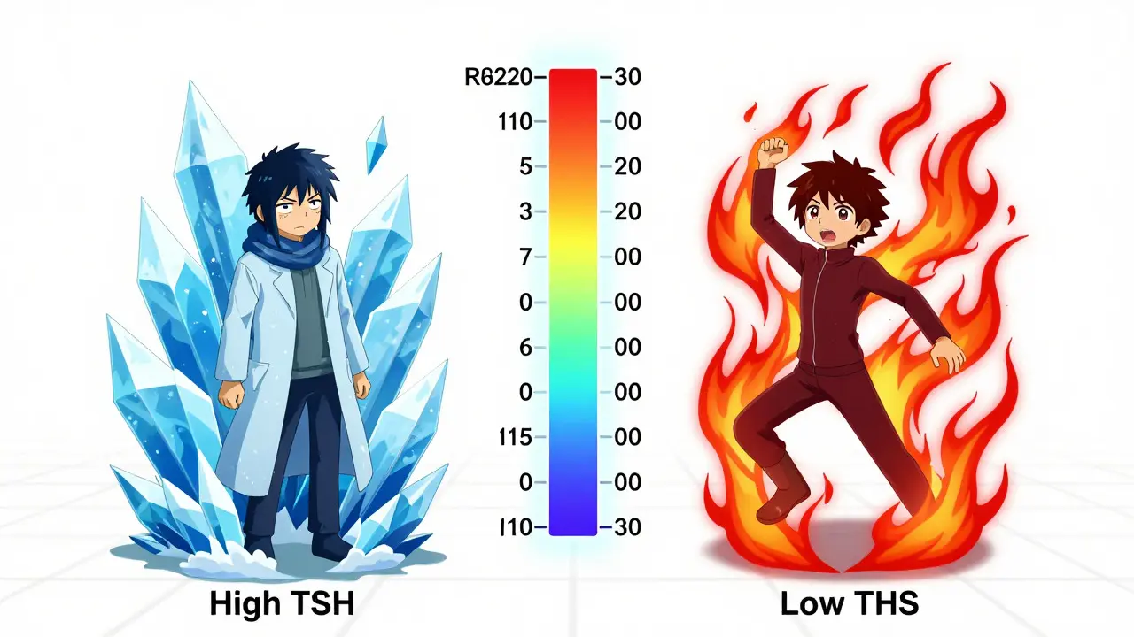Studio Shaft style art showing characters representing high and low thyroid levels