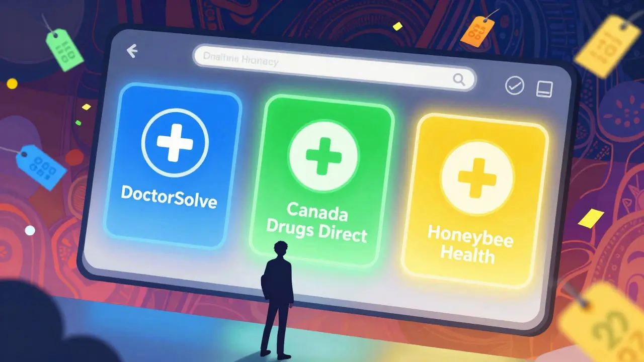 Stylized anime visualization of choosing between different online pharmacy options