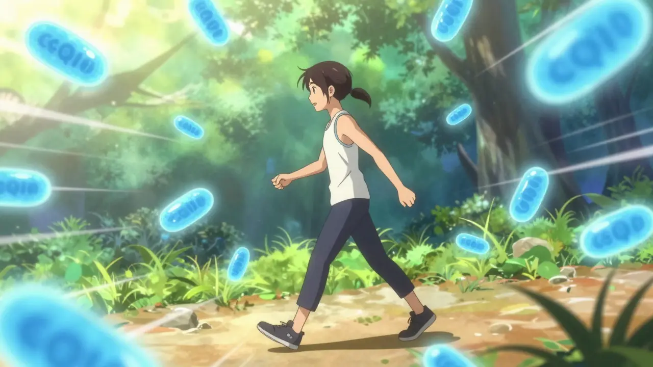 Stylized figure walking with glowing energy orbs, anime art