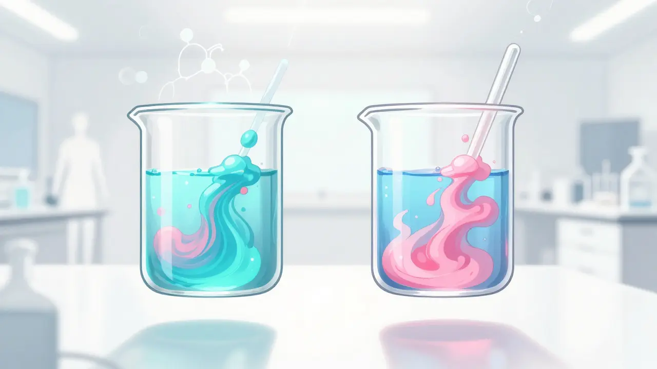 Surreal anime art of two merging liquids in beakers symbolizing bioequivalence