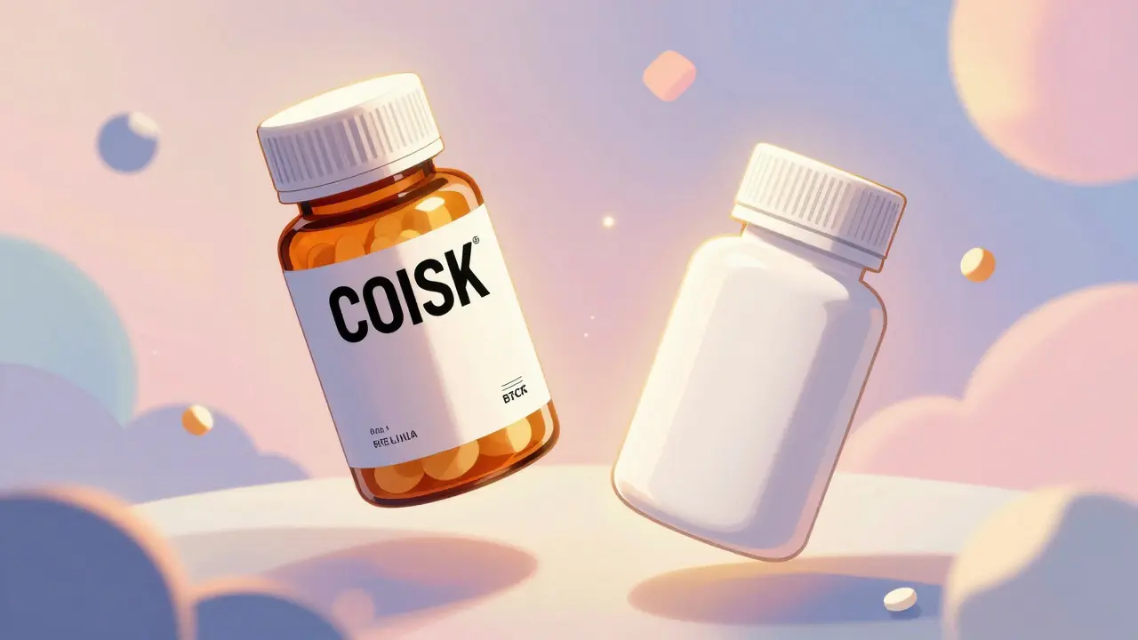 Abstract comparison of brand vs generic pills with glowing light