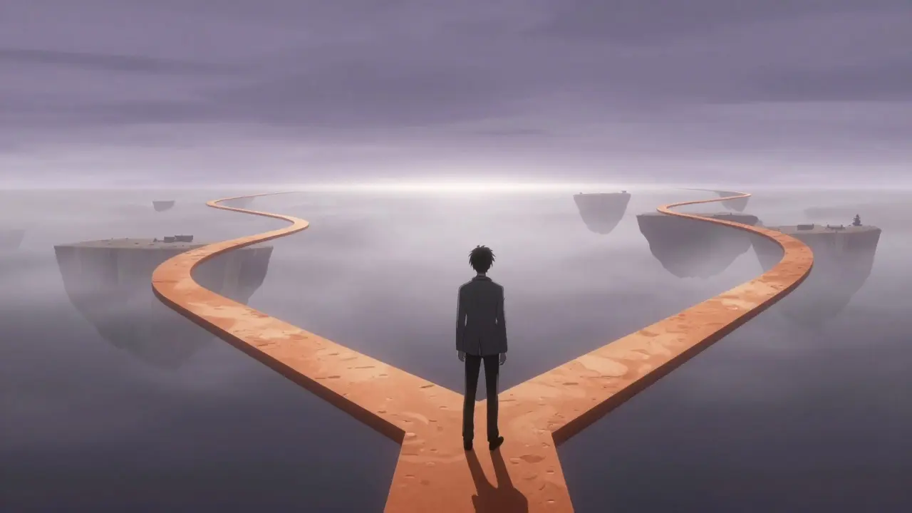 Anime character at a crossroads symbolizing long-term health choices