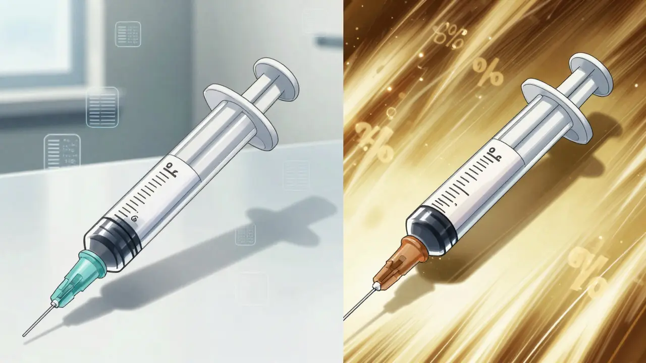Anime comparison of two medication vials with abstract data effects