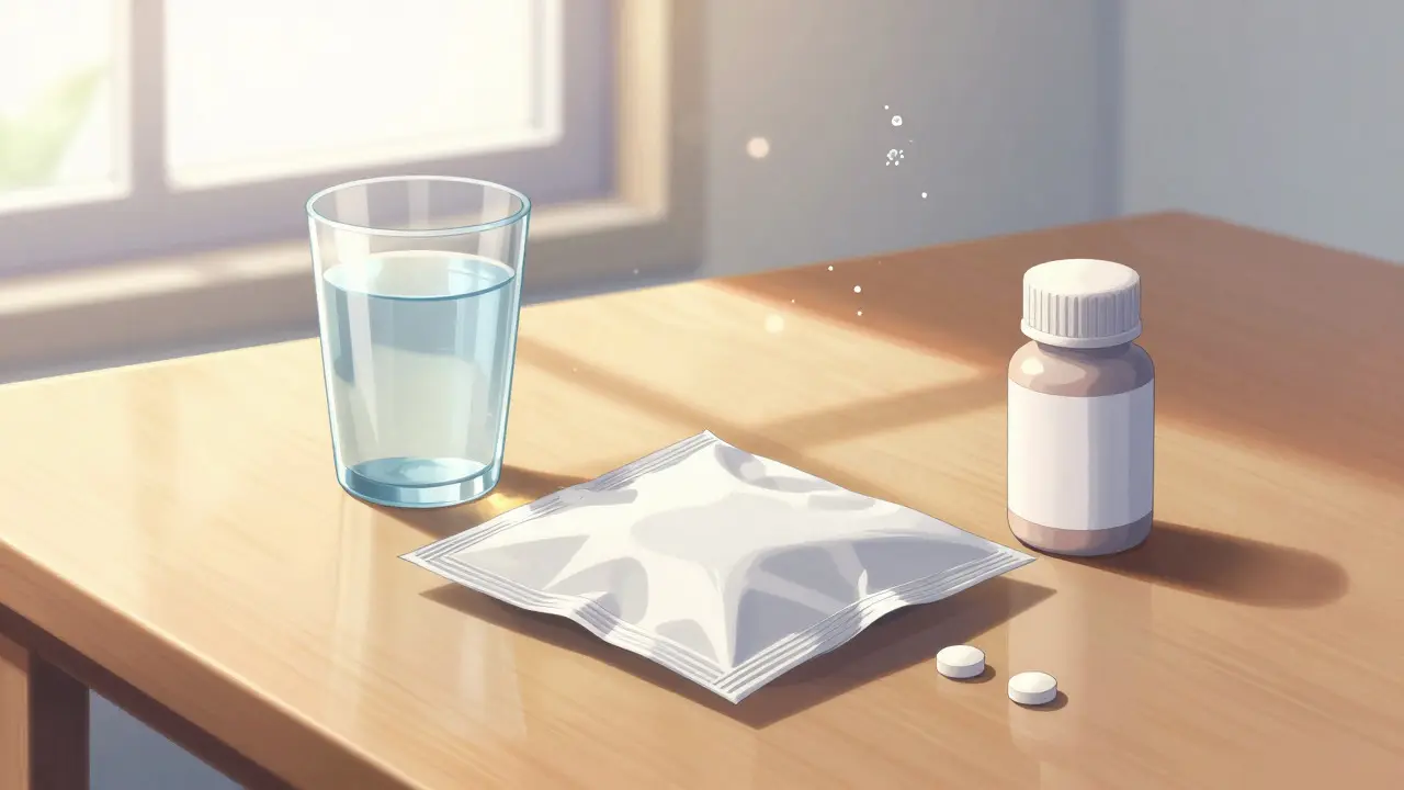Anime illustration of medication package on table with sunlight streaming in.