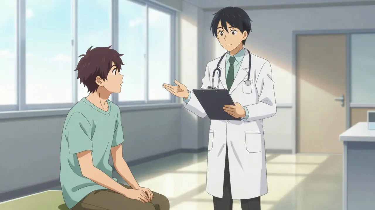 Anime style scene of a doctor and patient discussing treatment options in a bright, modern clinic