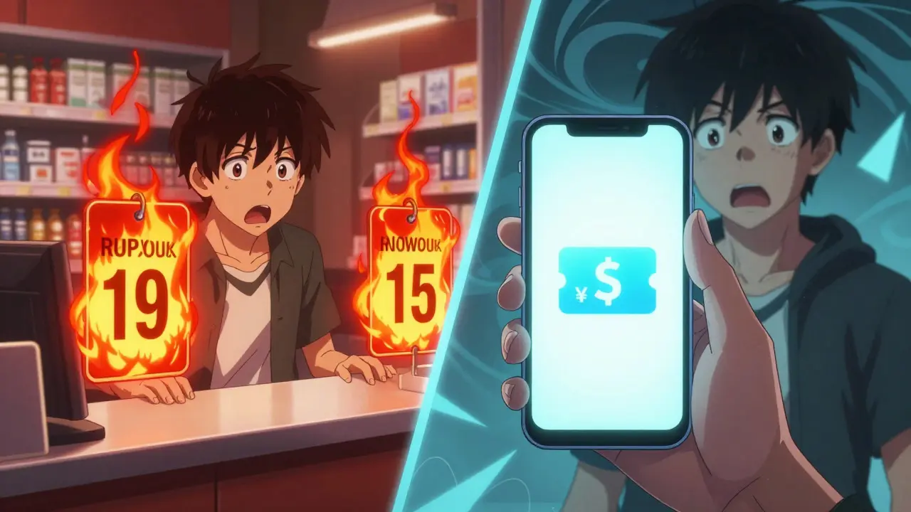 Character comparing high price vs coupon savings on phone