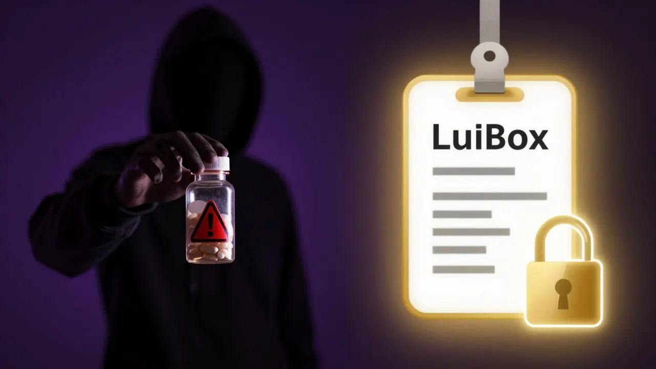 Contrast between fake drugs and verified safe pharmacy icons in anime art