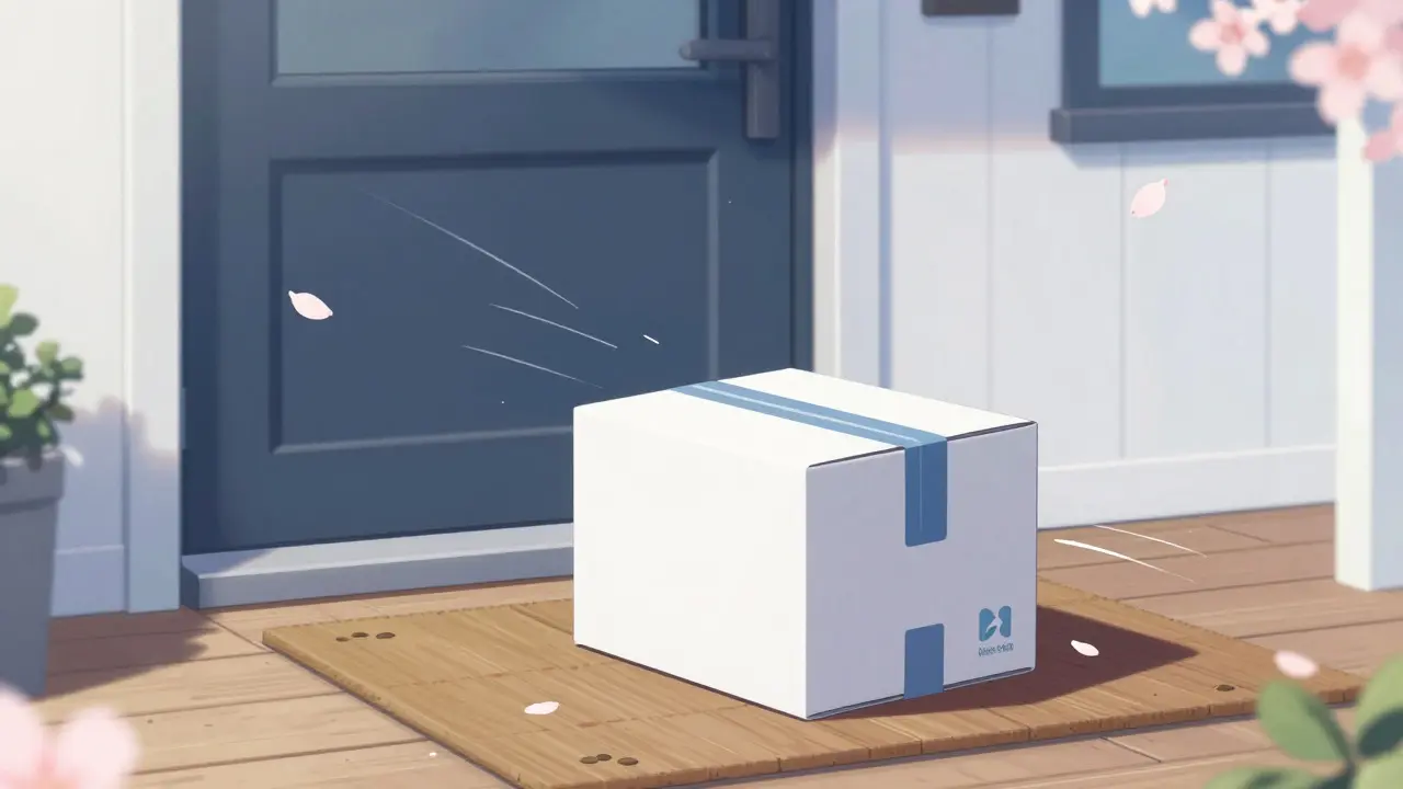 Delivered medication package on porch with cherry blossoms in anime style