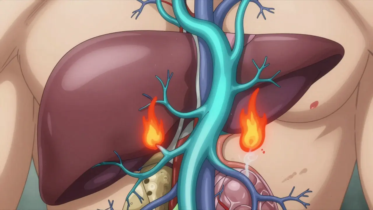Detailed anime close-up of liver vasculature showing improved blood flow and reduced inflammation