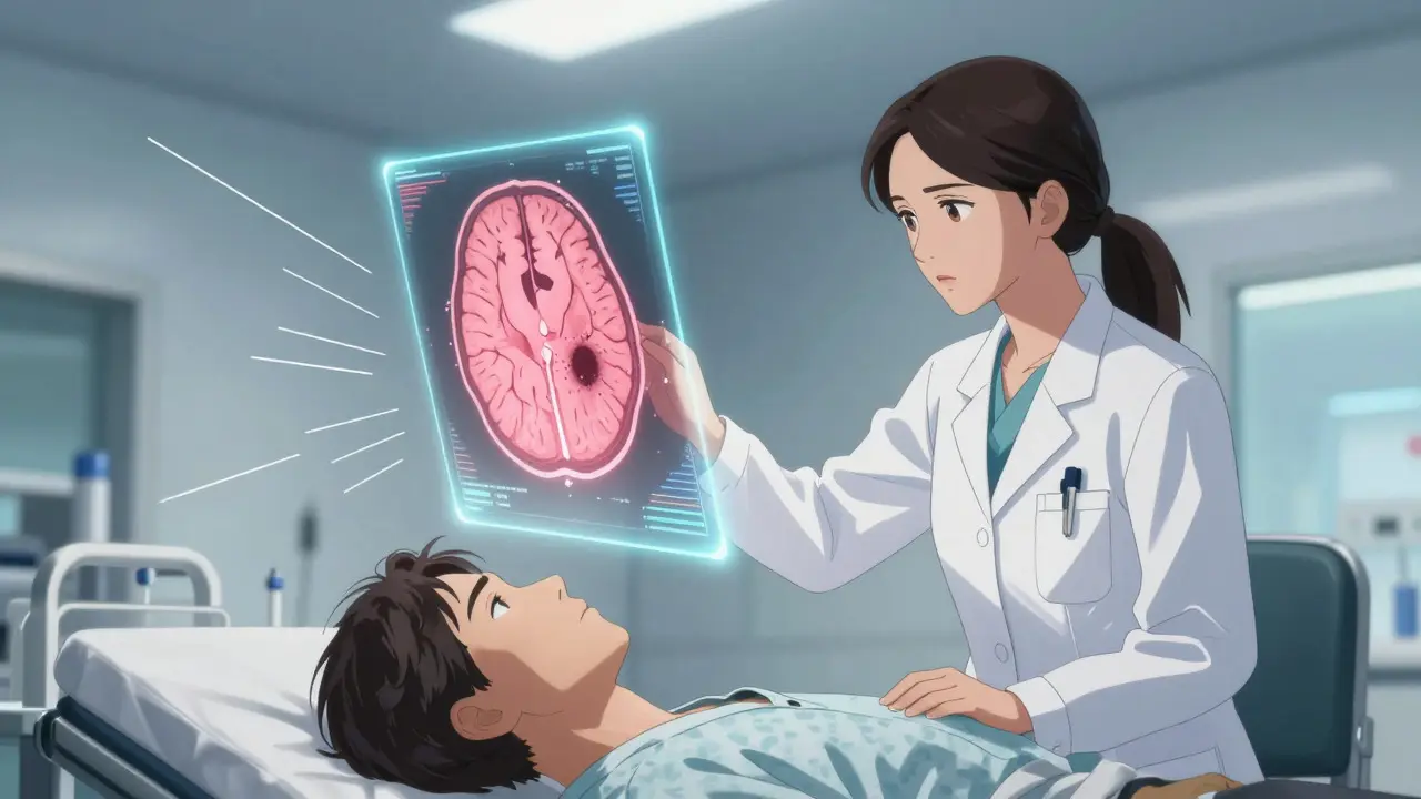 Doctor analyzing a brain MRI scan in an emergency room