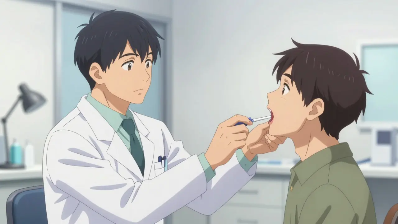 Doctor performing a rapid throat swab test on a patient in a bright clinic setting