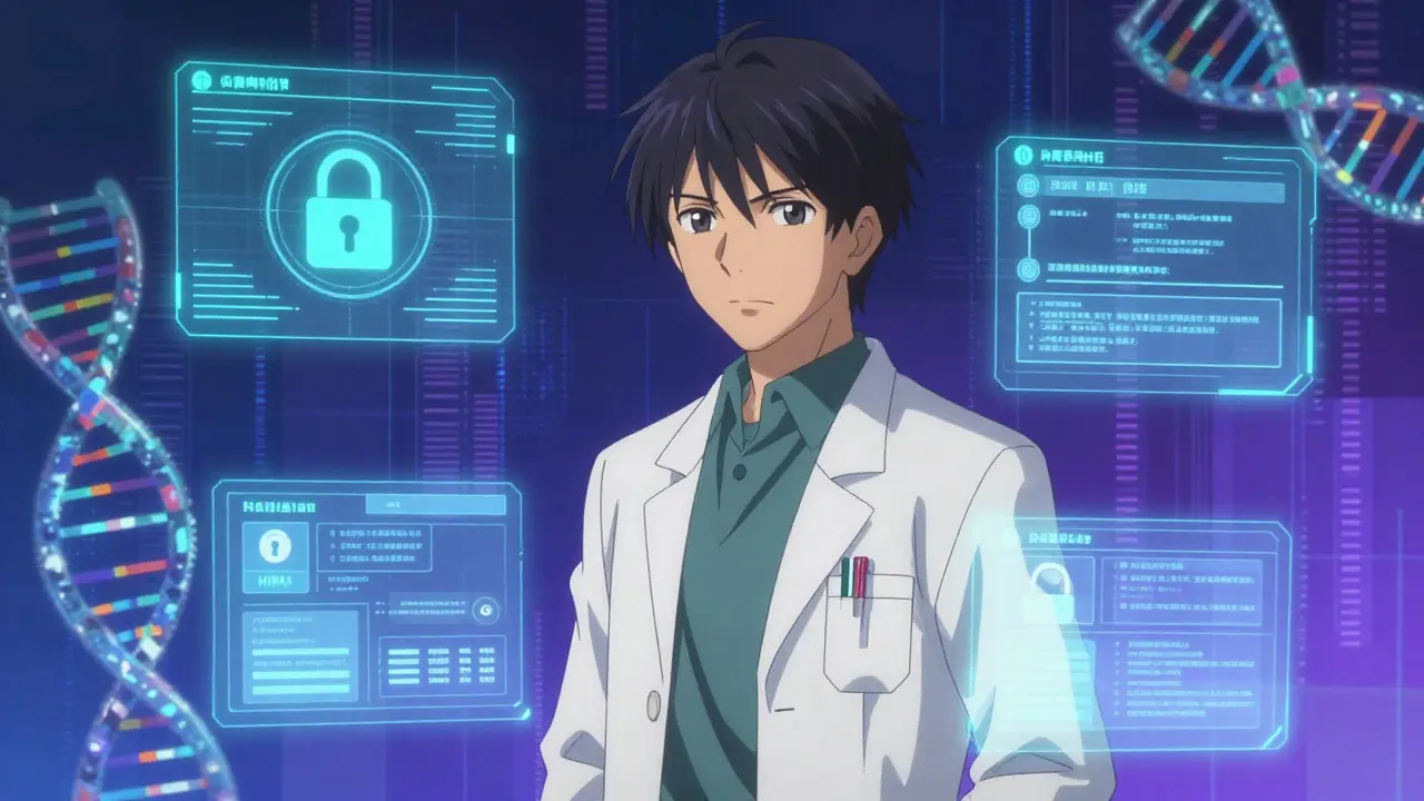 Futuristic pharmacist surrounded by DNA and data streams