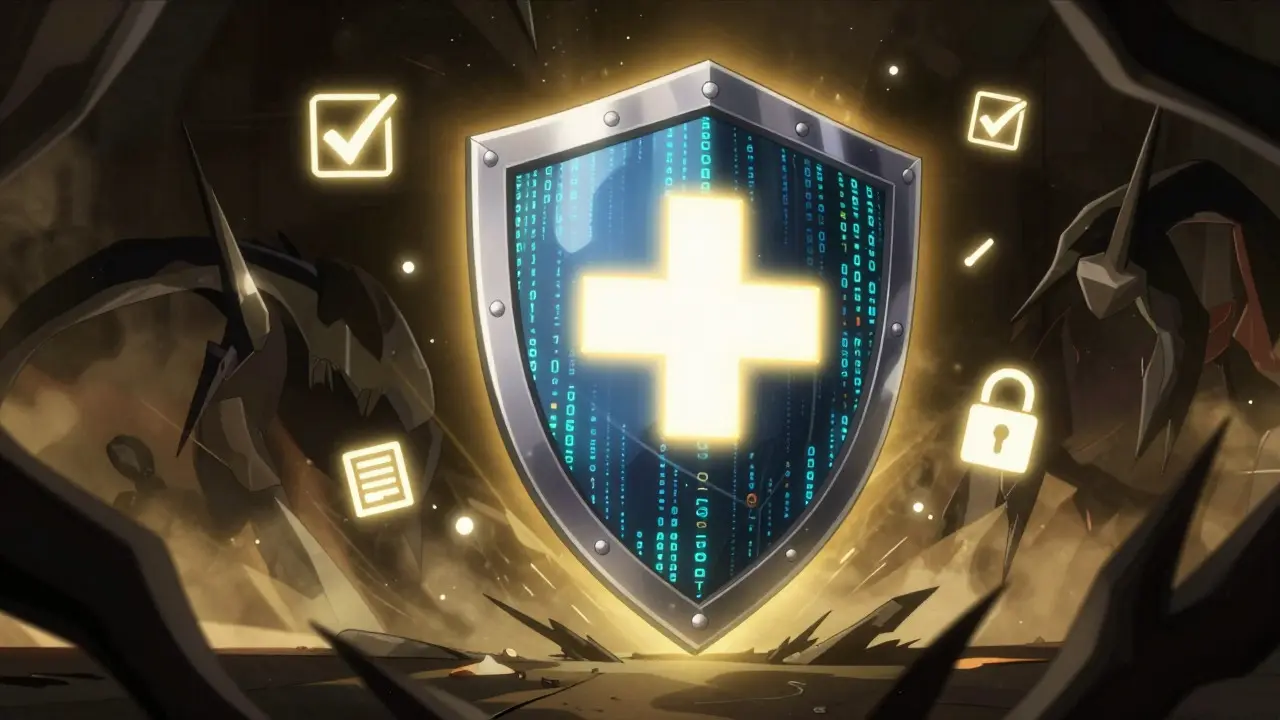 Glowing digital shield protecting from shadows in anime style