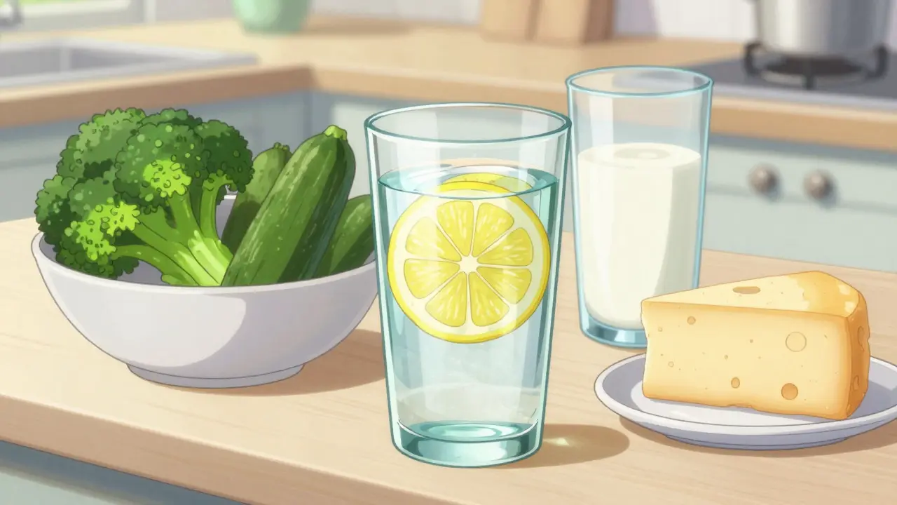 Kitchen counter with lemon water, milk, and healthy vegetables
