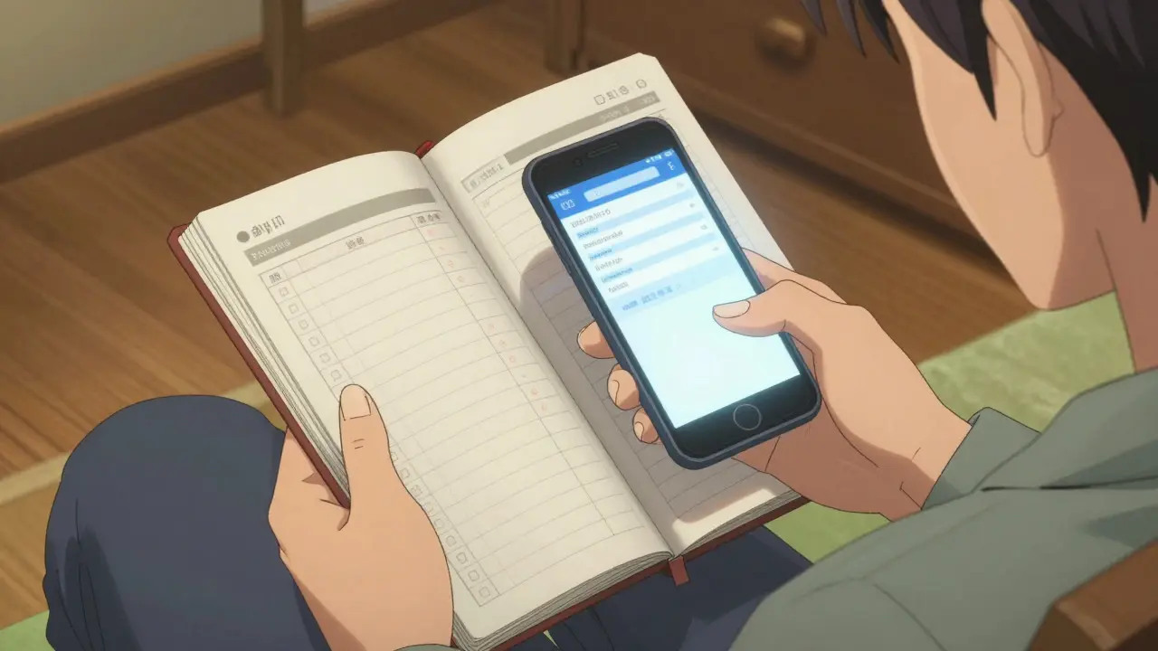 Patient reviewing medication logs and checking a database on a phone