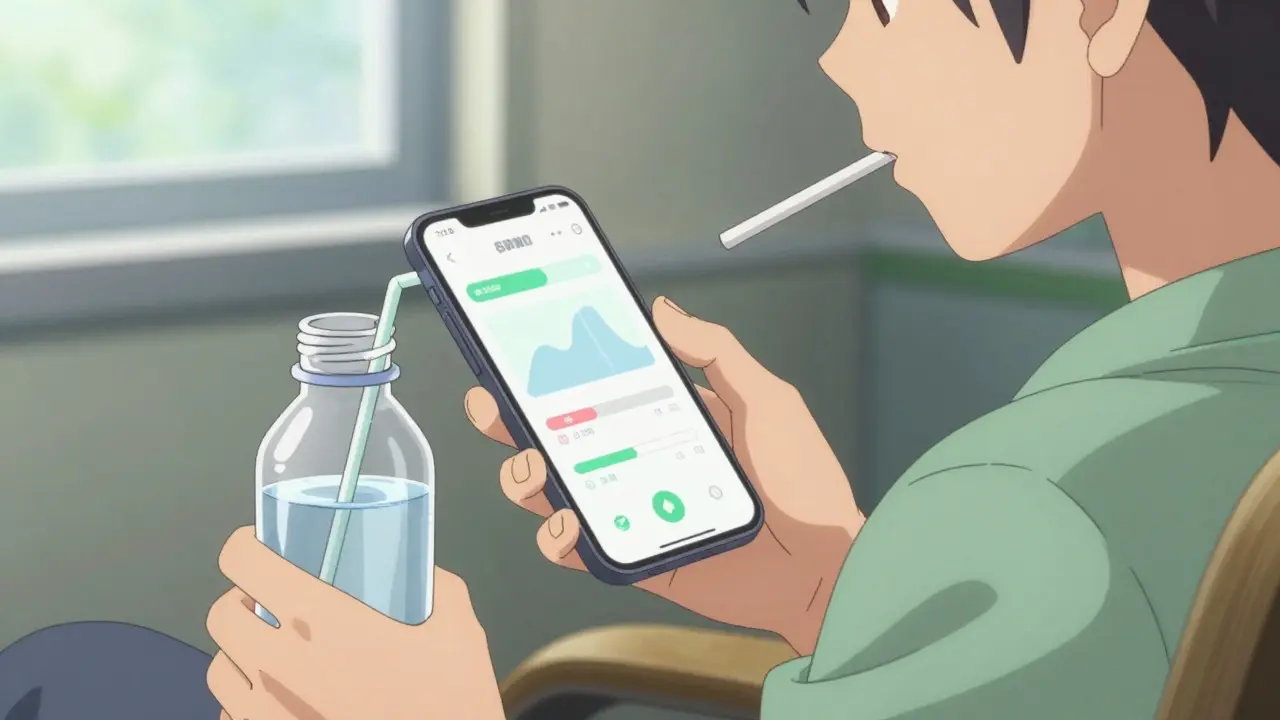 Person drinking water while checking a hydration app on phone