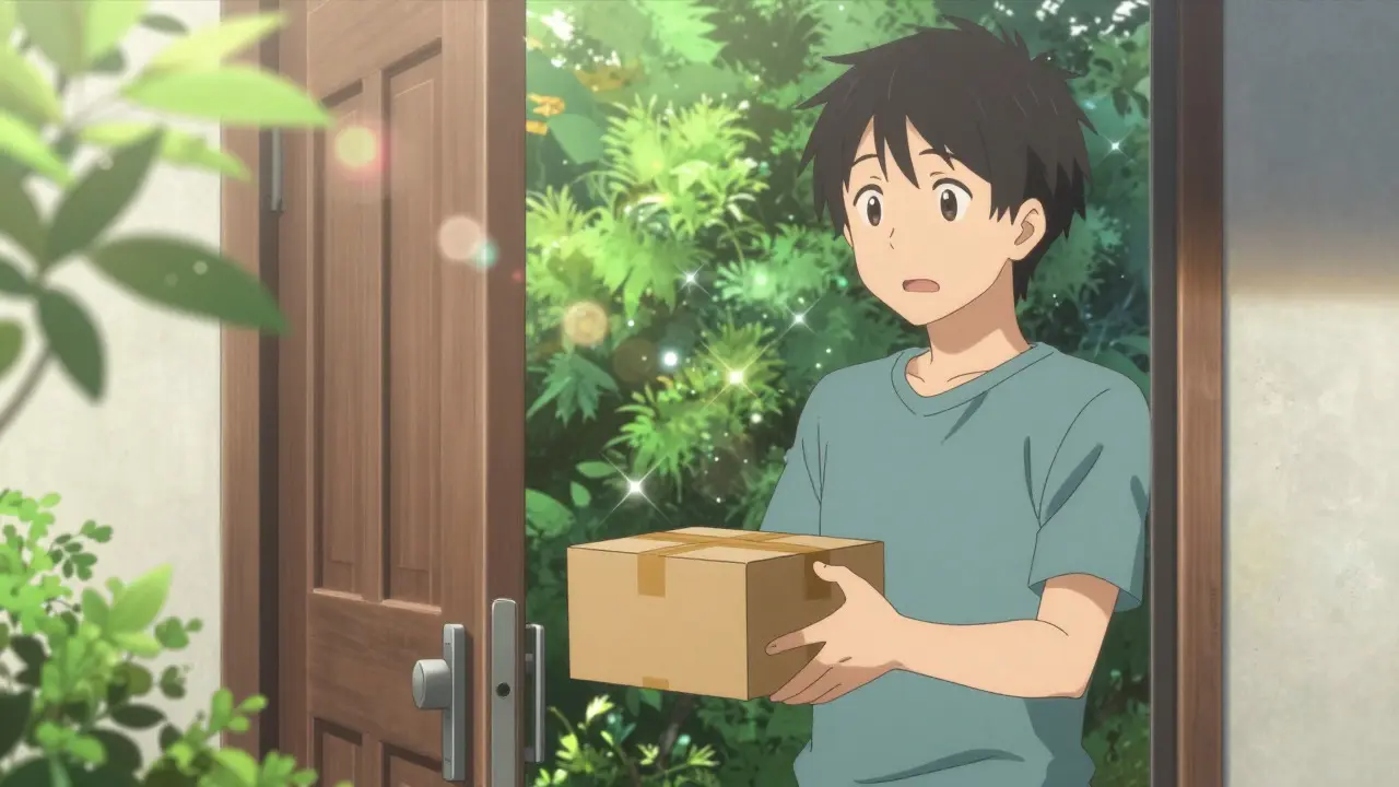 Person receiving medication package at home door in sunlight