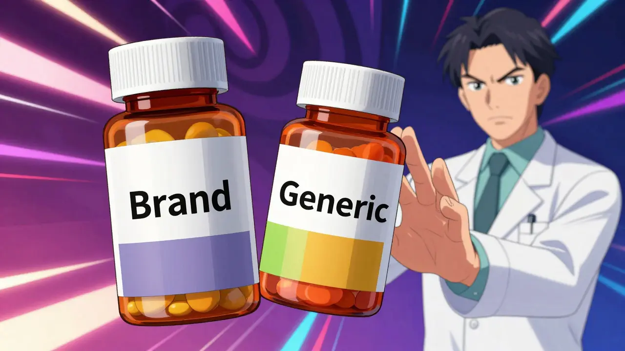 Pharmacist comparing brand name and generic medication bottles