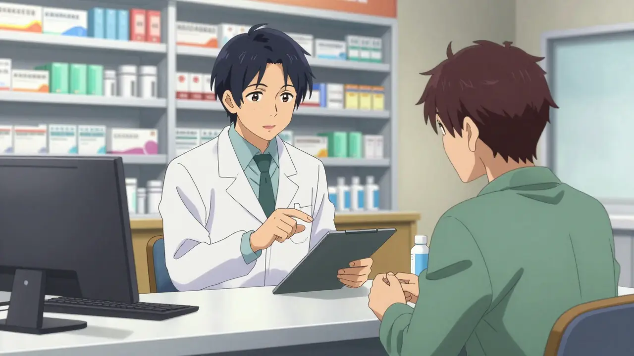 Pharmacist explaining medication alternatives to a relieved patient